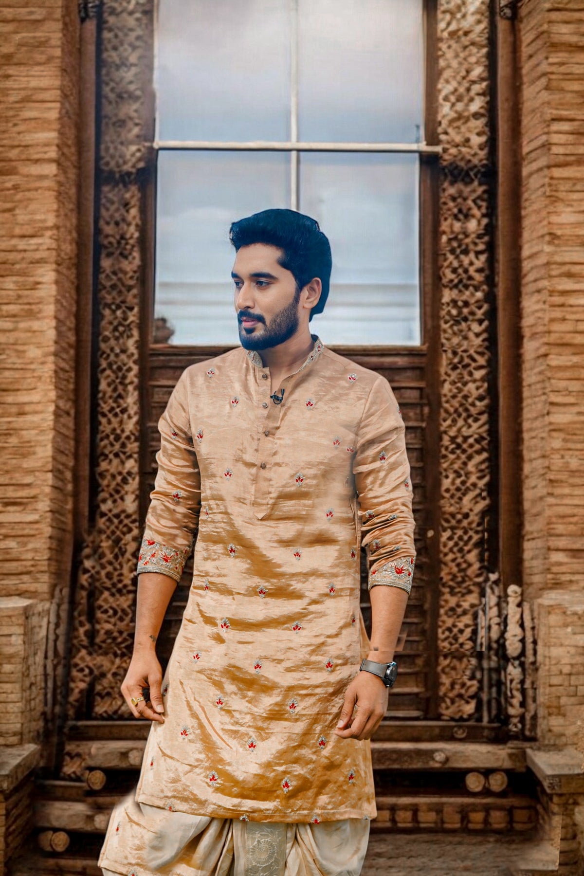 Antique gold tissue Pattu kurta with detailed Zardosi work