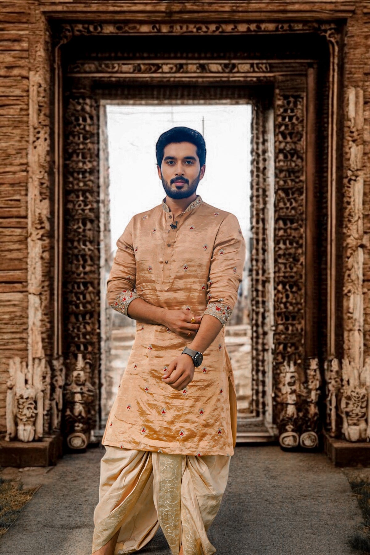 Antique gold tissue Pattu kurta with detailed Zardosi work