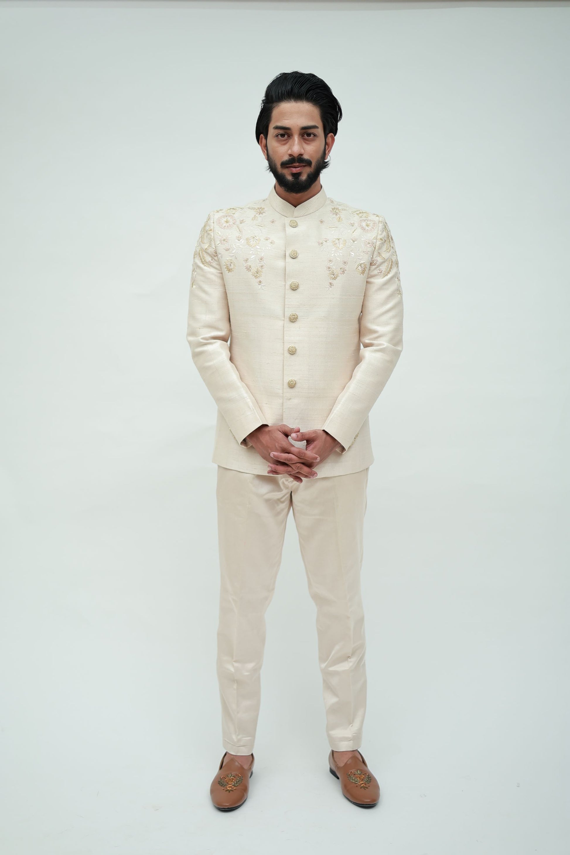Beige Raw silk jodhpuri with shoulder floral work
