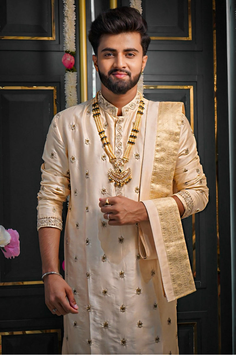 Beige gold pure Pattu Pancha set with detailed zardosi work