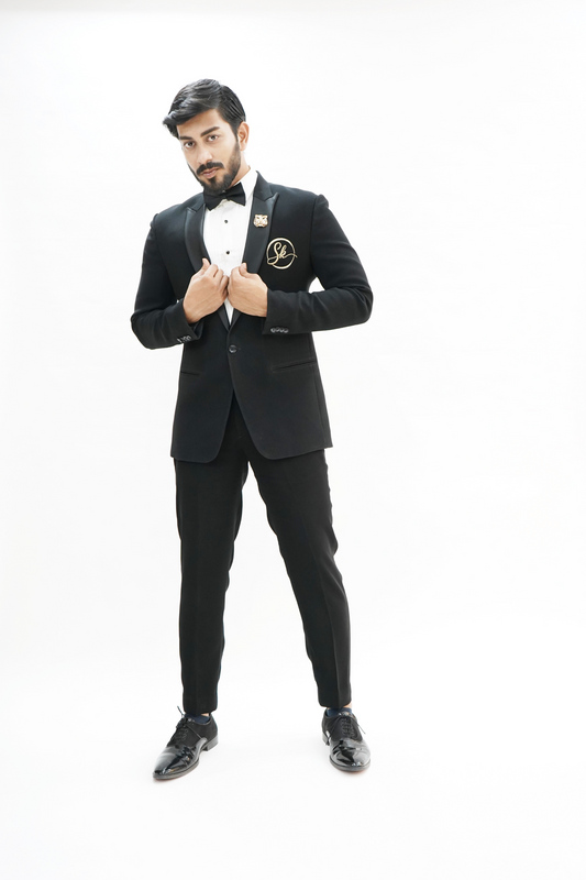 Black Italian Wool Crepe 2-Piece Tuxedo with Name Initial Embroidery