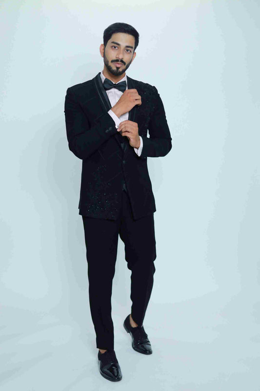 Black Self beaded embroidered tuxedo with trouser