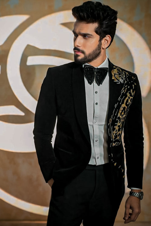 Black Velvet Leopard Textured Tuxedo
