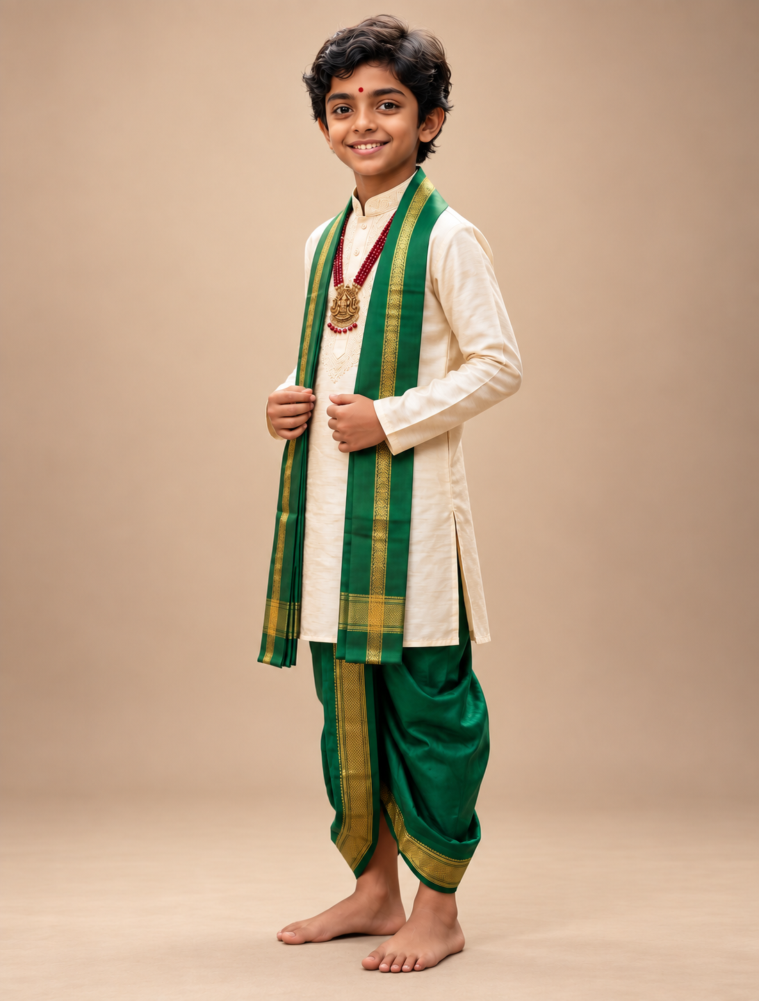 Boys Ivory & Emerald Green 3-Piece Dhoti Set
