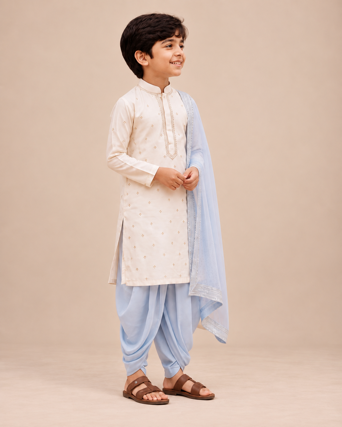 Boys Ivory & Powder Blue 3-Piece Dhoti Set