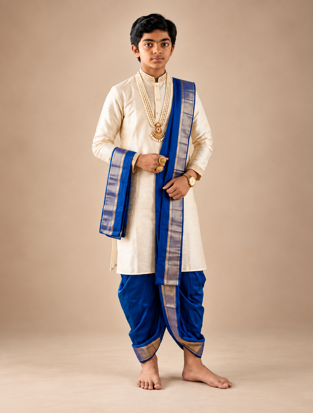 Boys Ivory & Navy Blue 3-Piece Dhoti Set