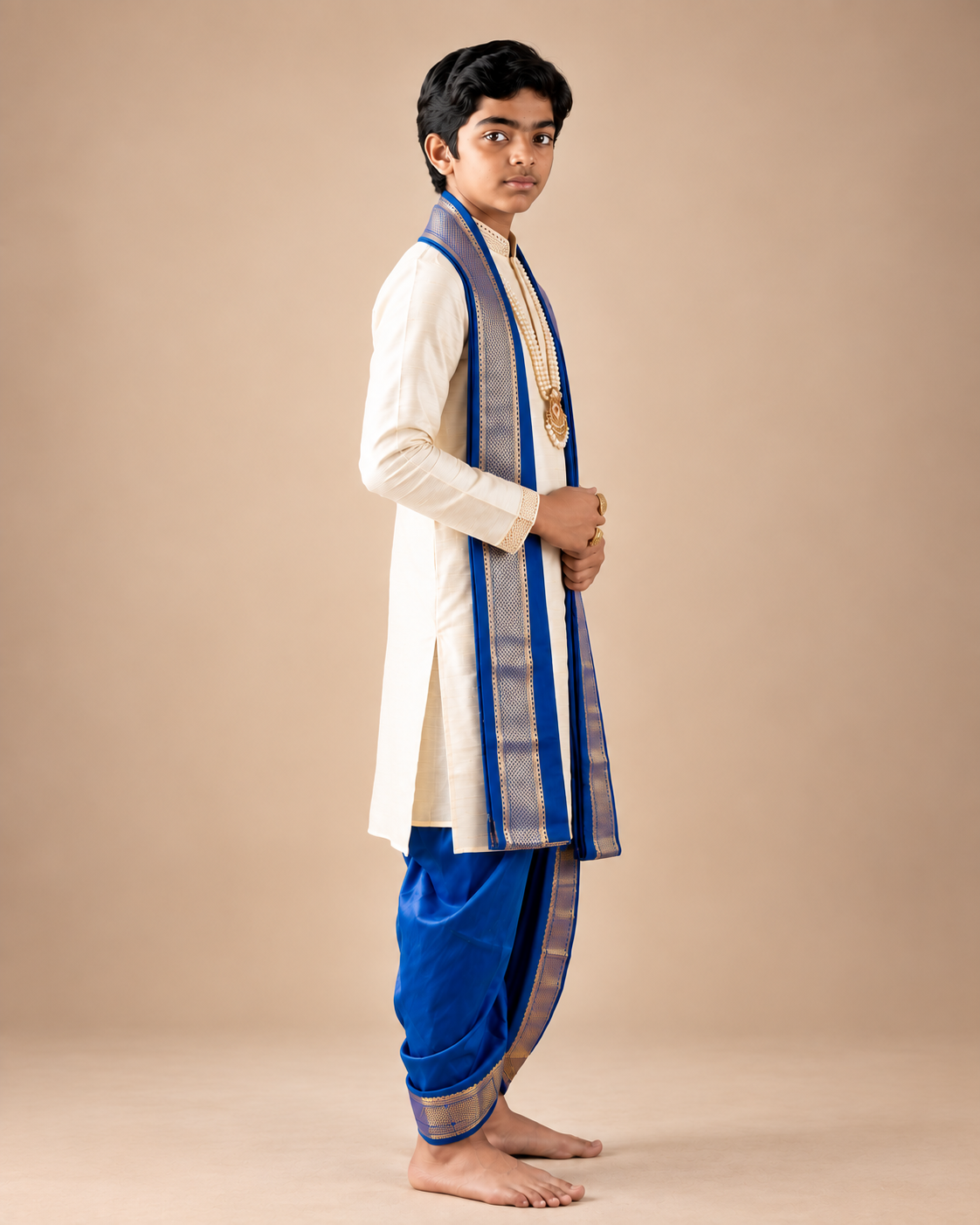 Boys Ivory & Navy Blue 3-Piece Dhoti Set