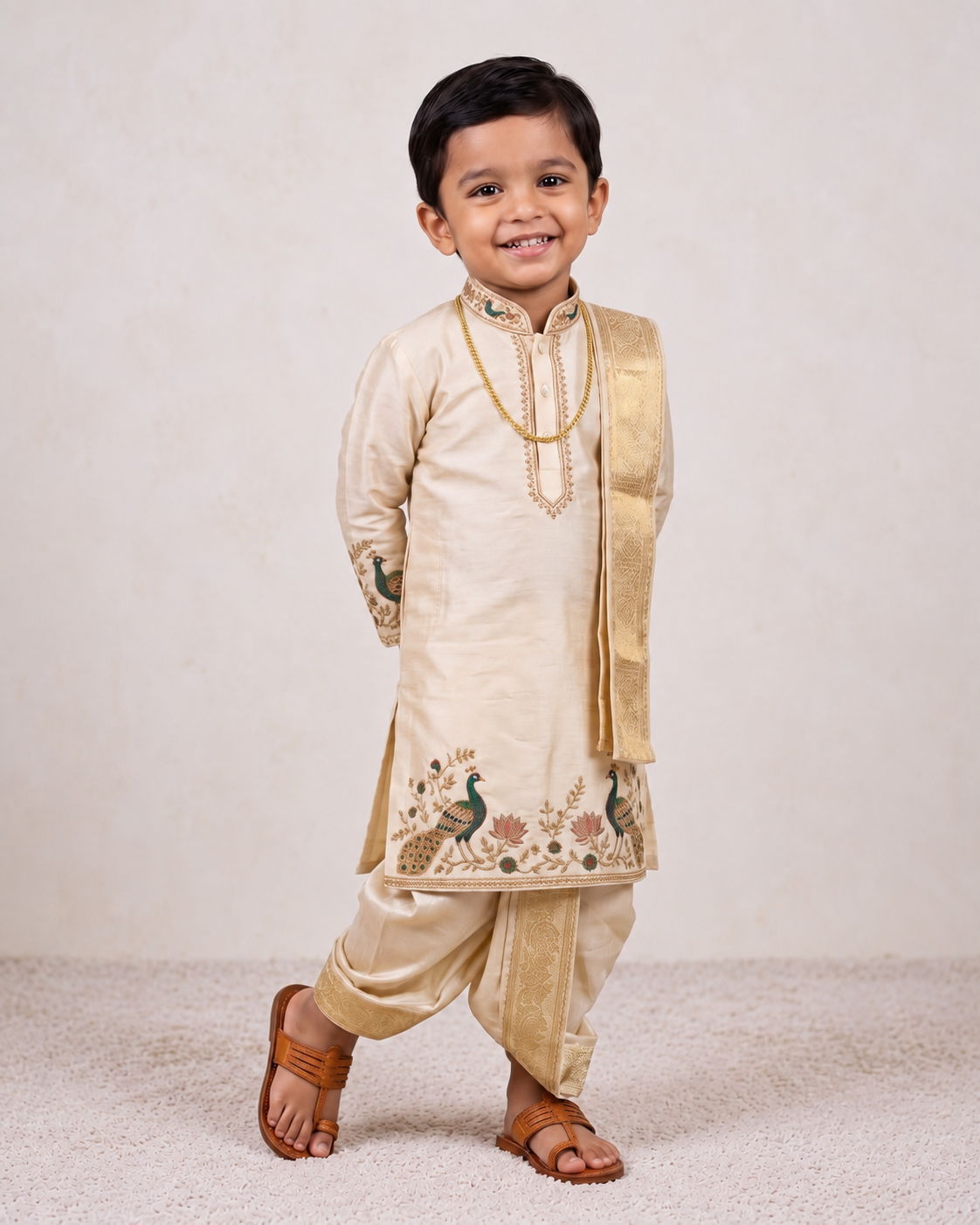 Boys Ivory Peacock 3-Piece Dhoti Set