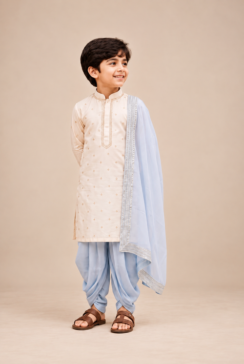 Boys Ivory & Powder Blue 3-Piece Dhoti Set