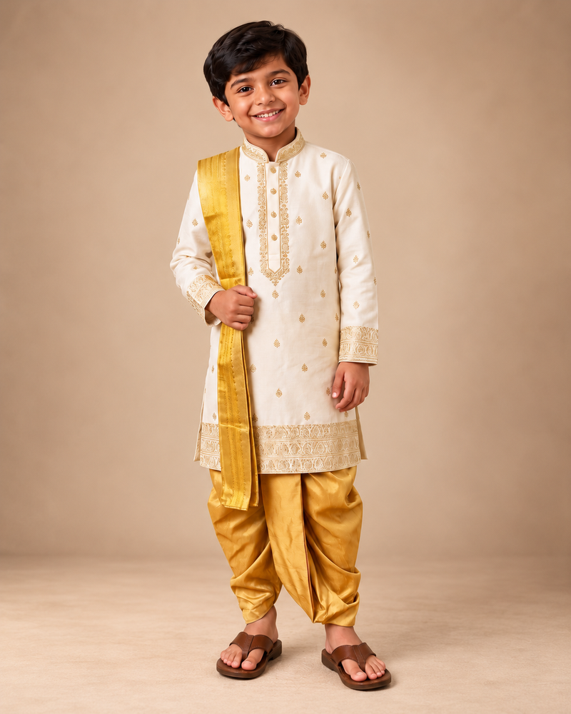 Boys Ivory & Gold 3-Piece Dhoti Set