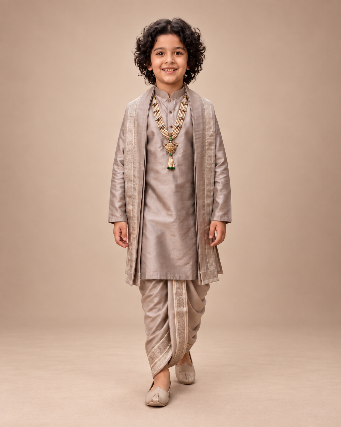 Boys Taupe 3-Piece Dhoti Set