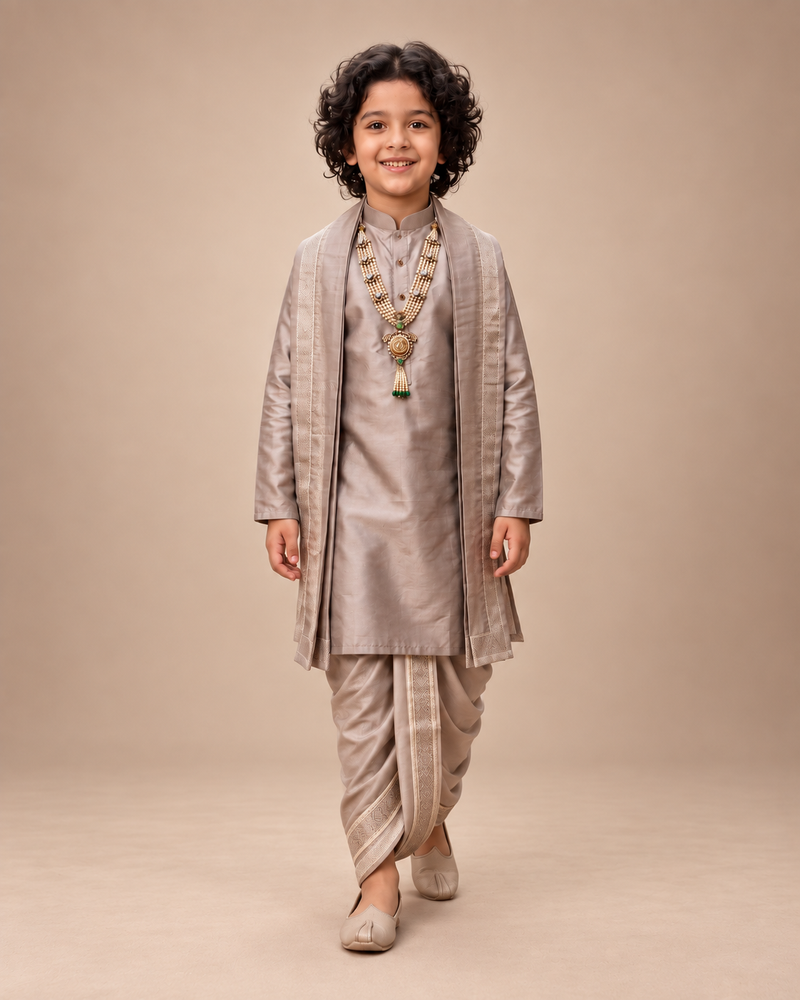 Boys Taupe 3-Piece Dhoti Set