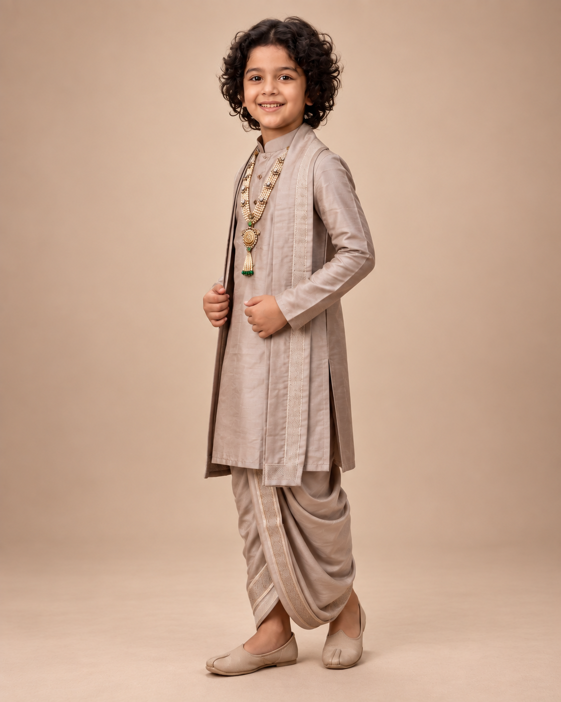 Boys Taupe 3-Piece Dhoti Set