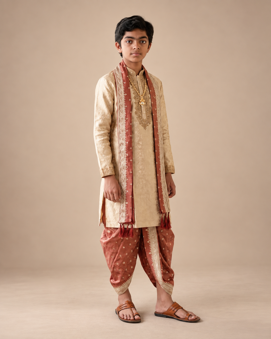 Boys Swarna Tejas Ivory Rust Dhoti Set (Swarnalayam)