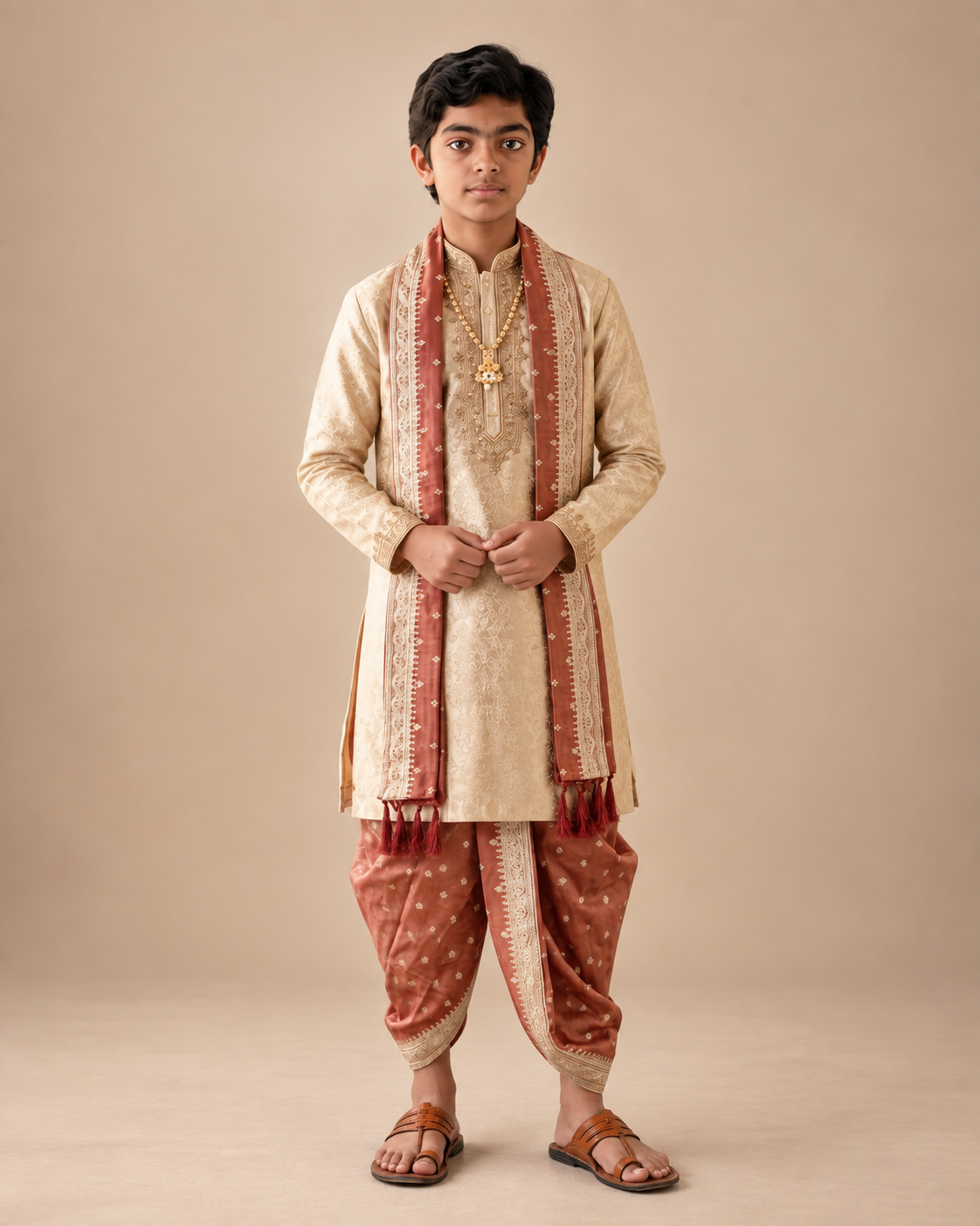 Boys Swarna Tejas Ivory Rust Dhoti Set (Swarnalayam)