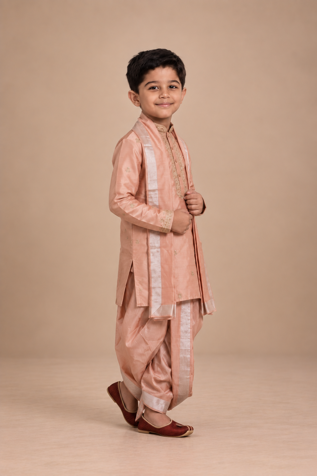 Boys Peach 3-Piece Dhoti Set