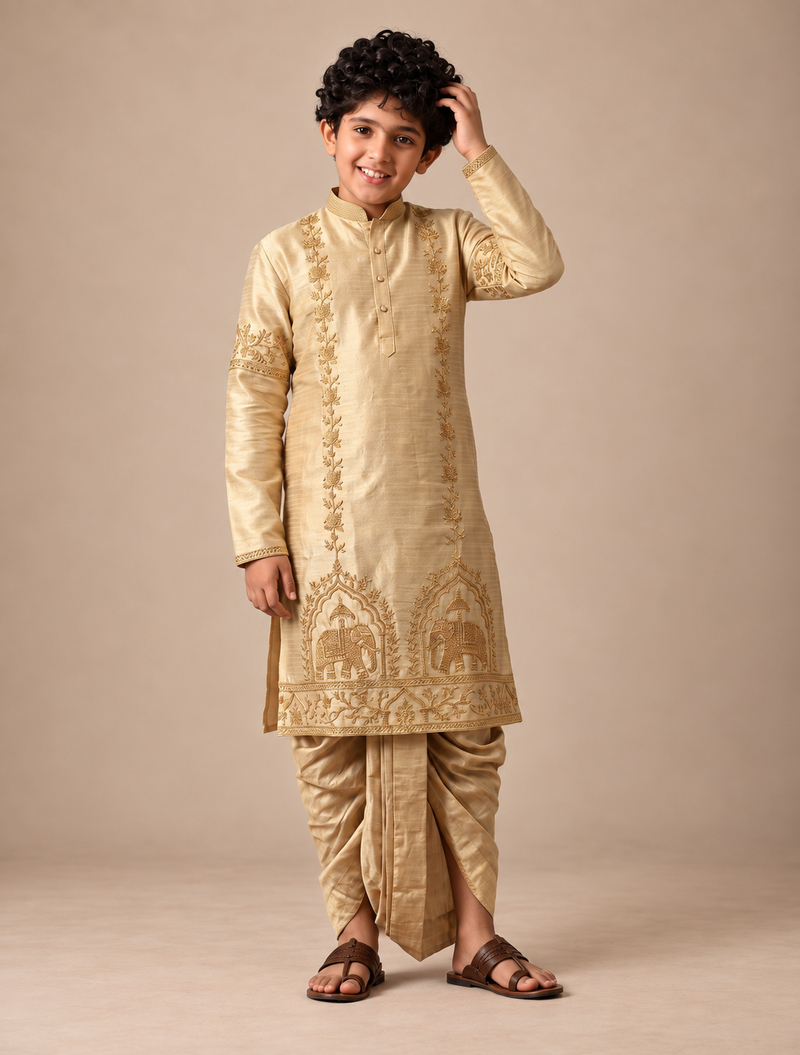 Boys Elephant Embroidered 2-Piece Dhoti Set (Swarnalayam)