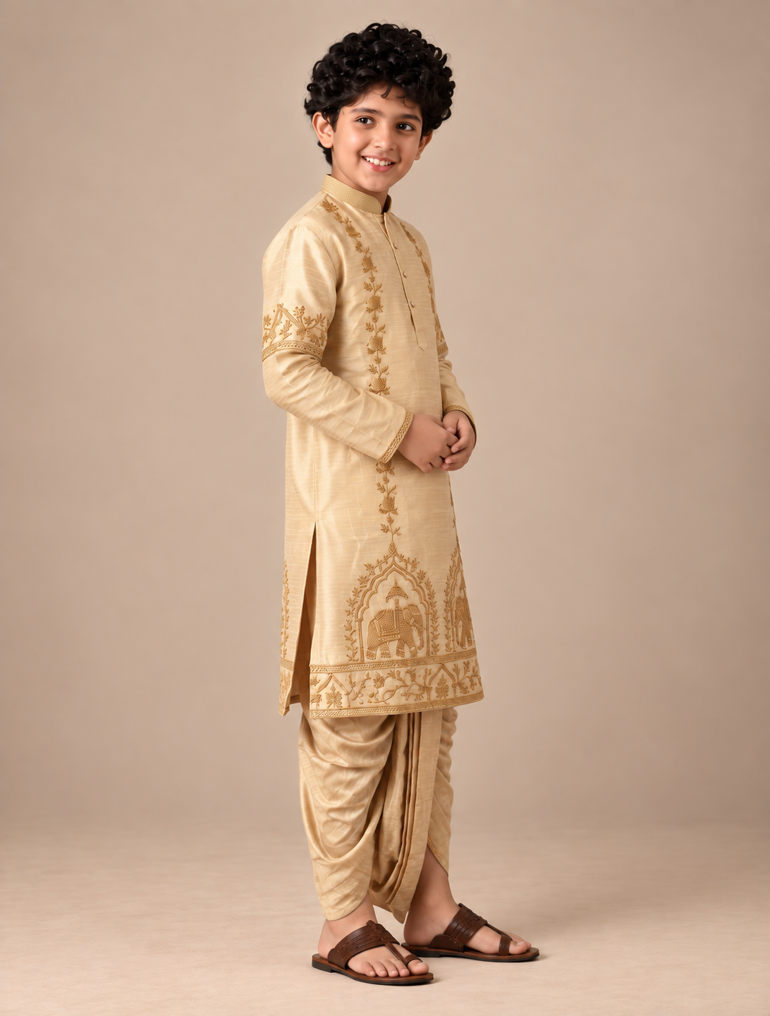 Boys Elephant Embroidered 2-Piece Dhoti Set (Swarnalayam)