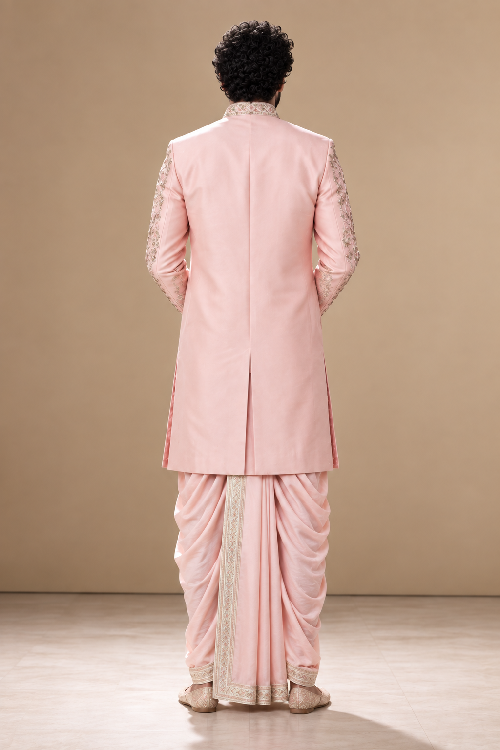 Men's Peach Wedding Sherwani with Matching Dhoti and Intricate Pelli Gold Work