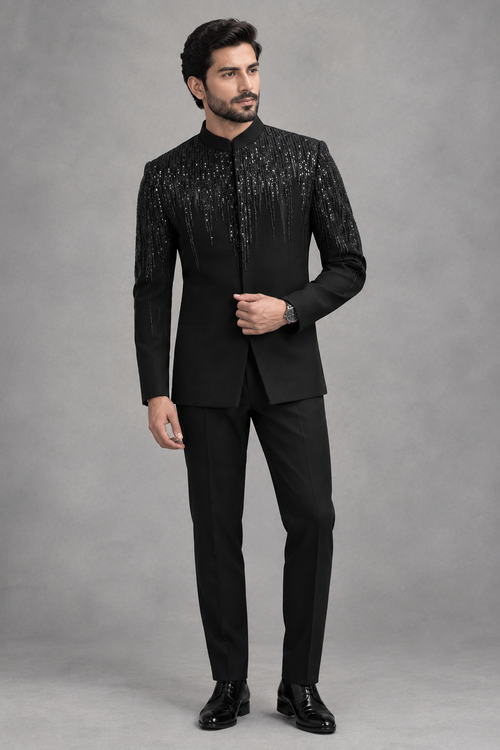 Men’s Black Sequined Indo-Western Suit – Luxury Designer Party & Wedding Wear