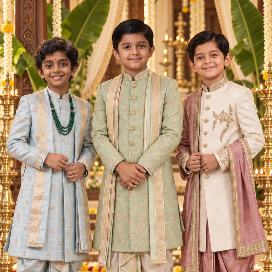 Three young boys standing together in ornate traditional Indian attire. The boy on the left wears a light blue kurta and dhoti with a green beaded necklace; the center boy wears a pale green kurta and cream dhoti; the boy on the right wears a cream kurta with pink embroidery and a dusty pink dhoti.