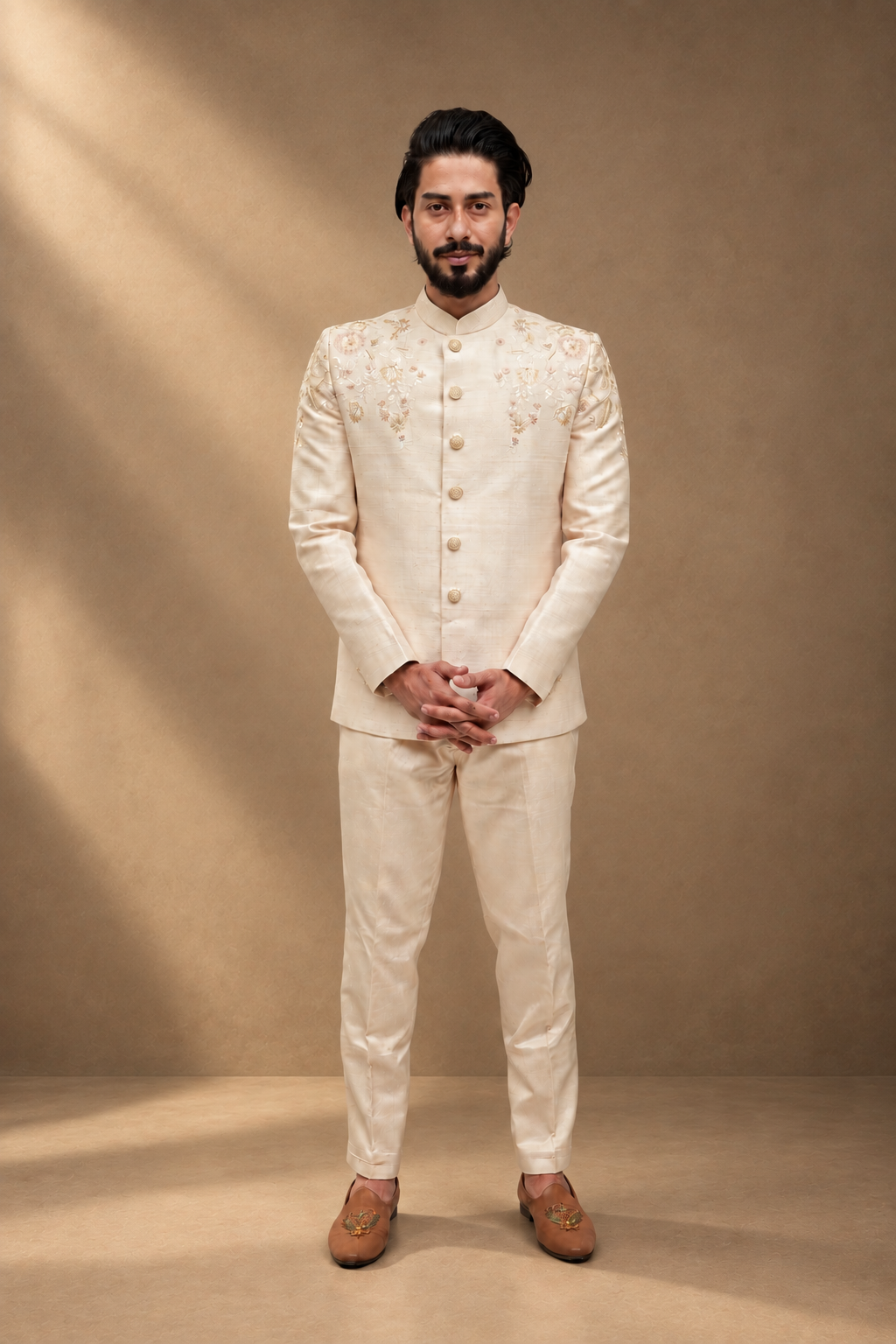 Beige Raw silk jodhpuri with shoulder floral work