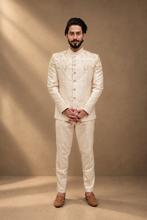 Beige Raw silk jodhpuri with shoulder floral work
