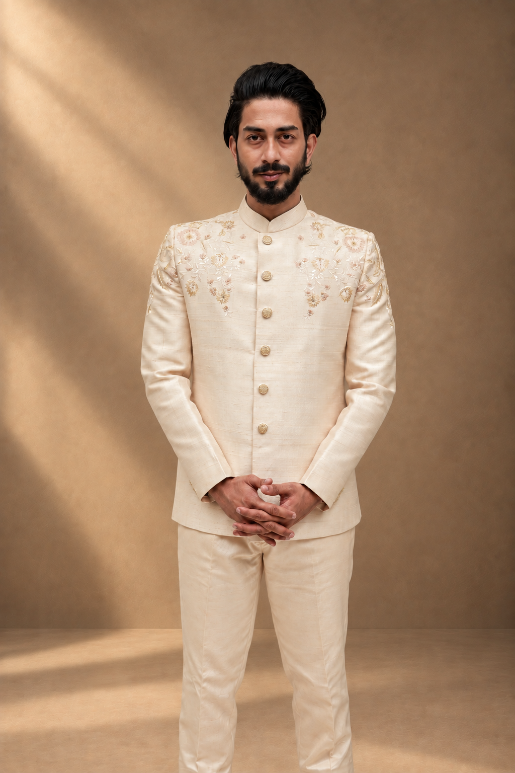 Beige Raw silk jodhpuri with shoulder floral work