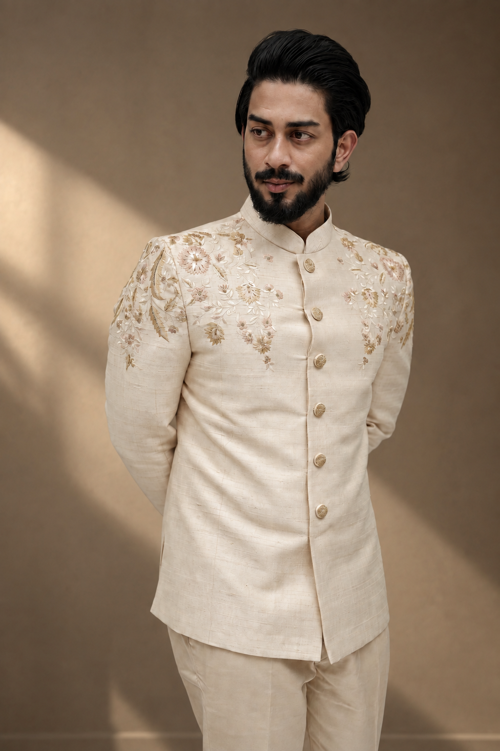 Beige Raw silk jodhpuri with shoulder floral work