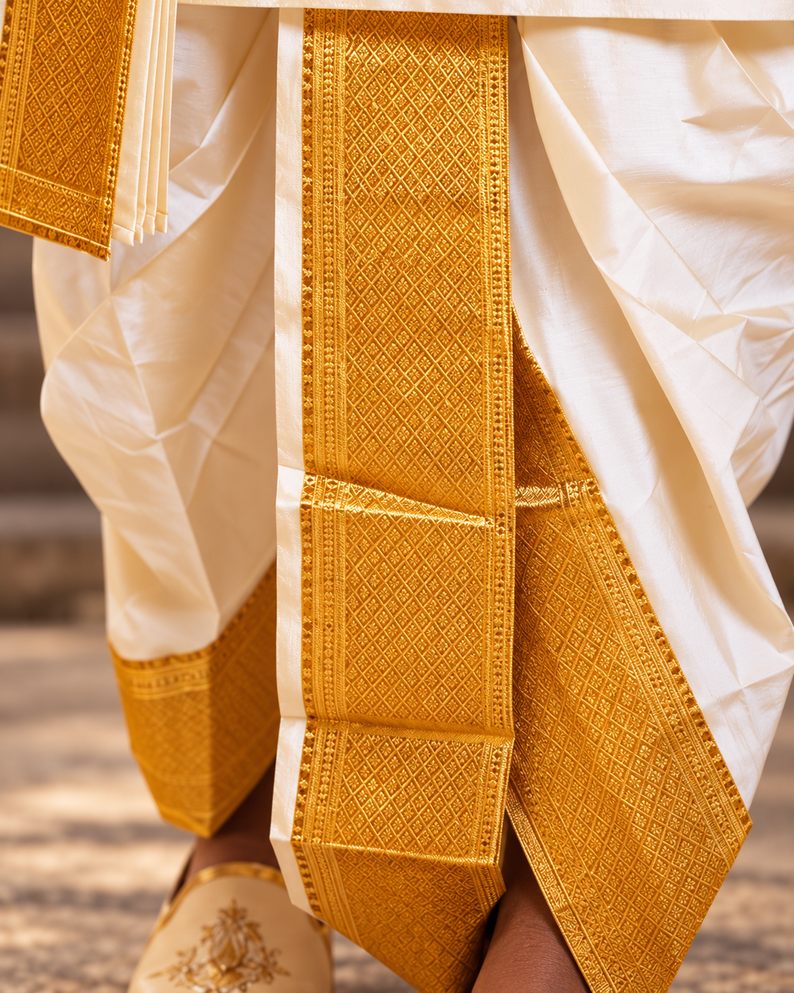 Men's Beige Cream Pure Pattu Kurta-Pancha Set