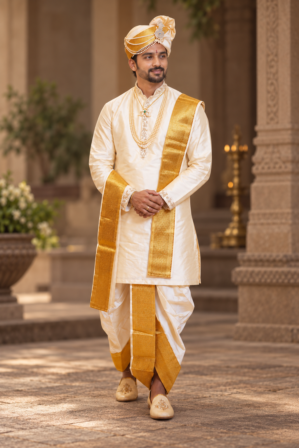 Men's Beige Cream Pure Pattu Kurta-Pancha Set