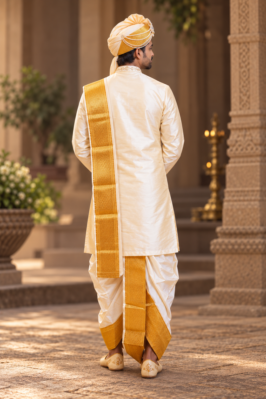 Men's Beige Cream Pure Pattu Kurta-Pancha Set