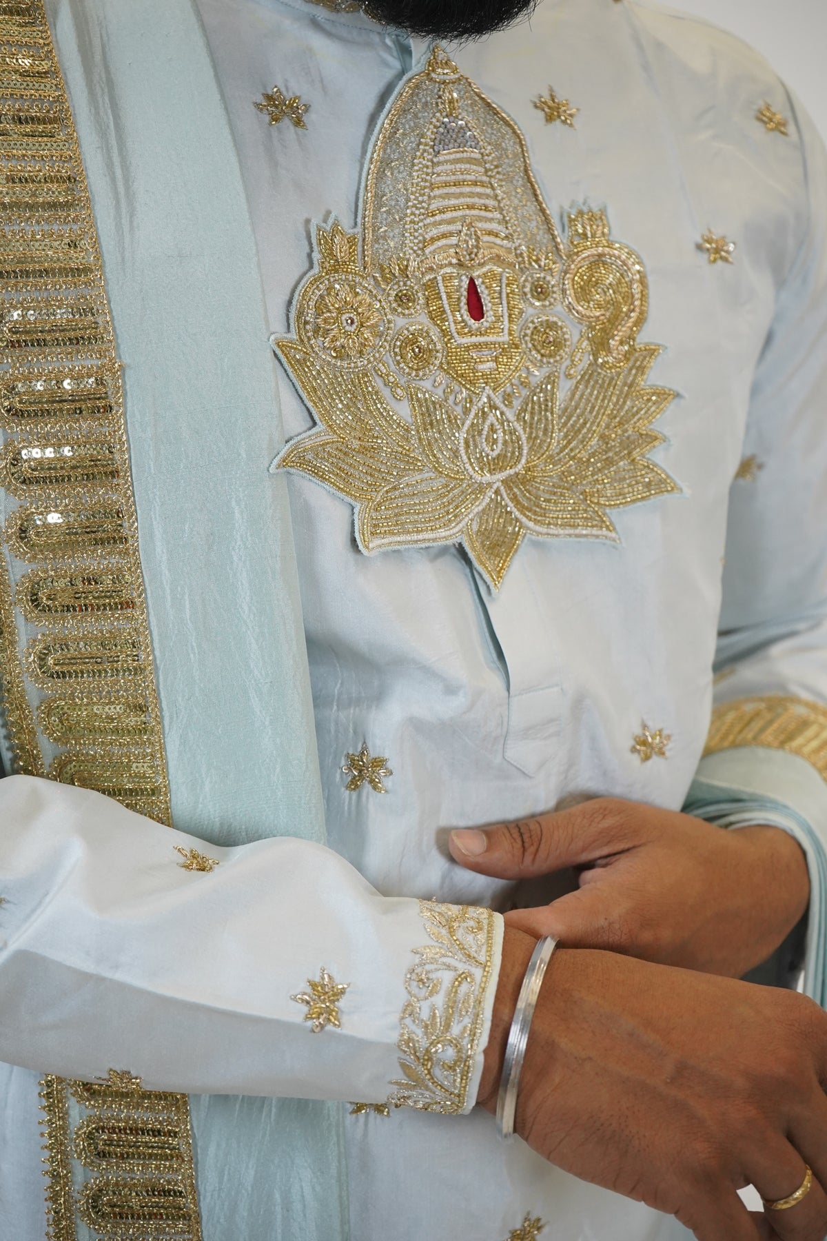 Vaikunta Blue Pattu Pancha Set for Men with Gold Embroidery – Premium Wedding & Traditional Ethnic Wear