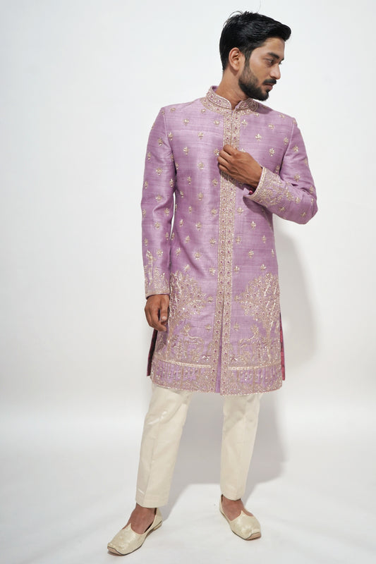 Onion pink designer embroidered sherwani