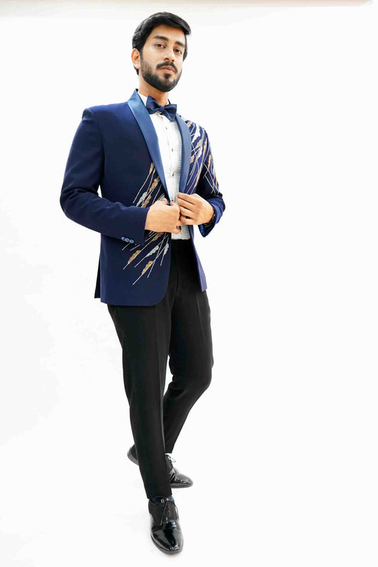 Diagonal embroided ink blue tuxedo with trouser