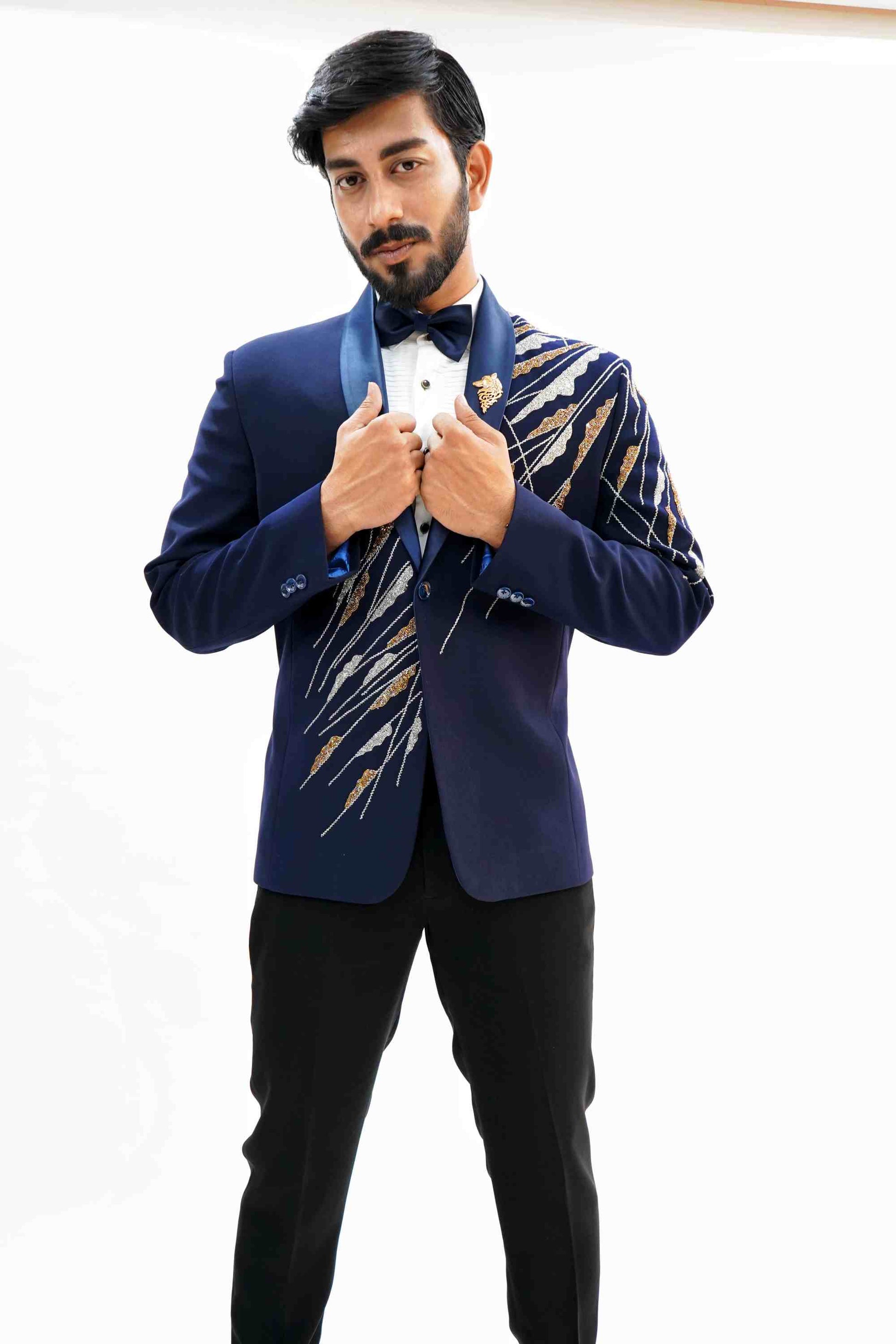 Diagonal embroided ink blue tuxedo with trouser