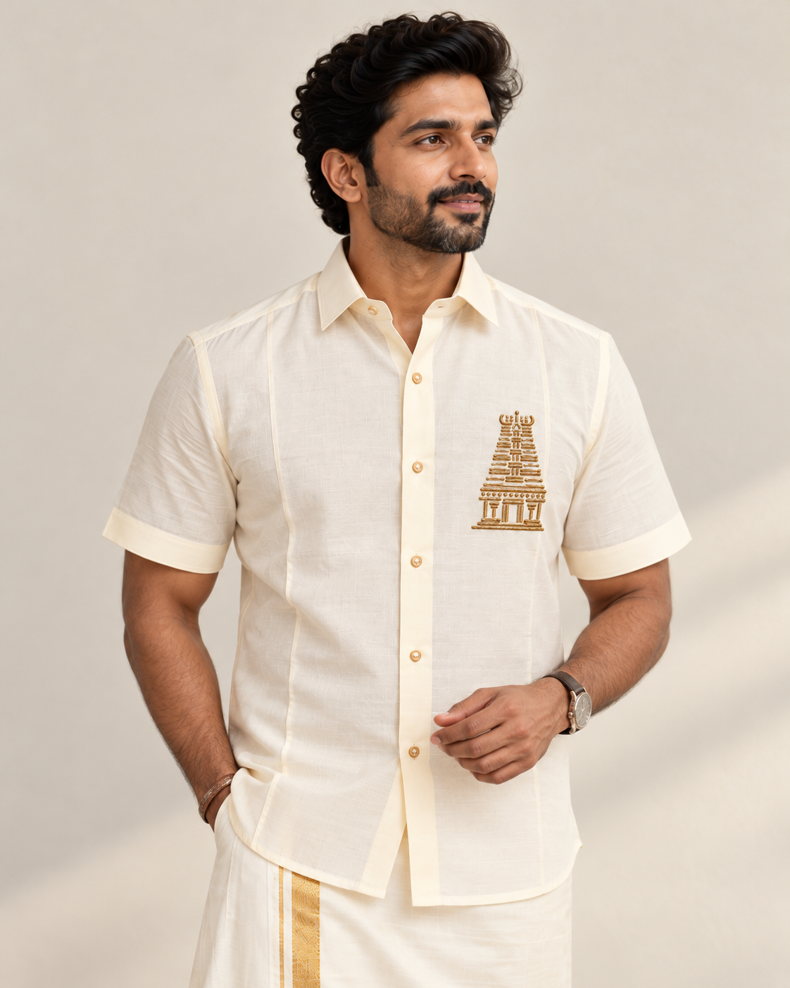 Ivory Temple Motif Pattu shirt  (Divine Heritage)