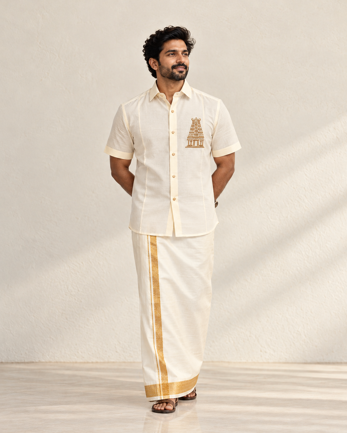 Ivory Temple Motif Pattu shirt  (Divine Heritage)