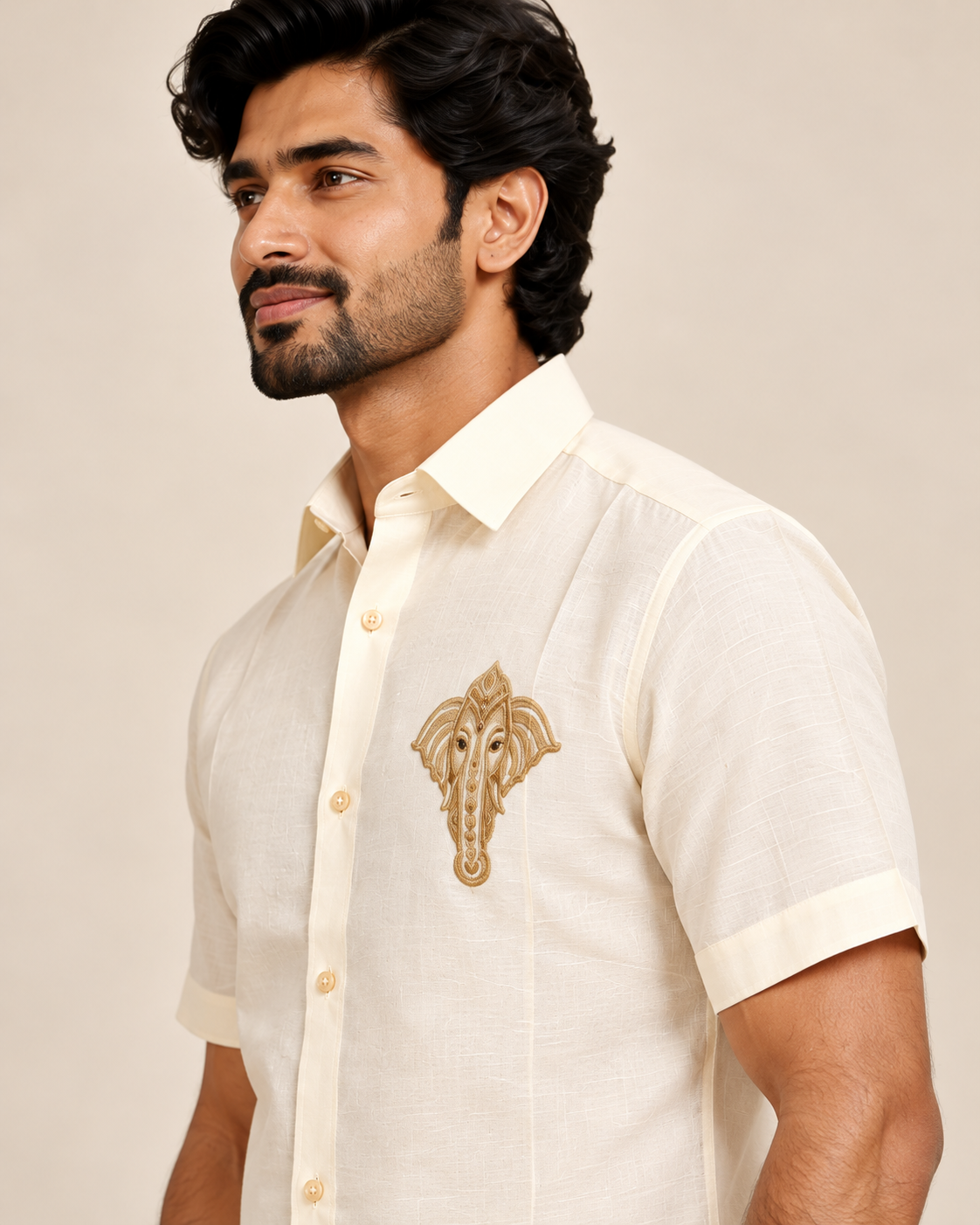 Ivory Gold Border ganesha  Pattu shirt (Royal Heritage)