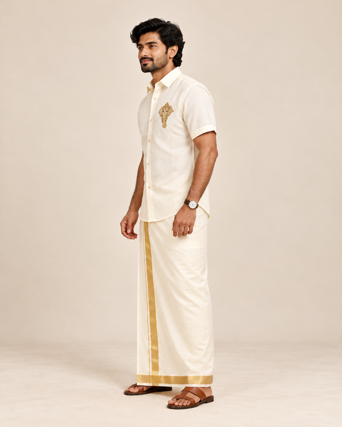 Ivory Gold Border ganesha  Pattu shirt (Royal Heritage)