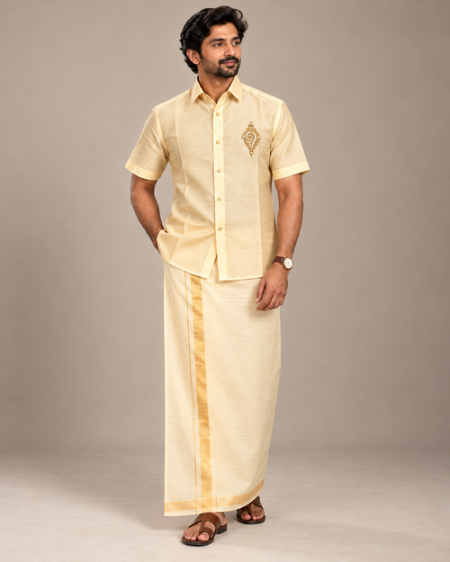 Cream Gold Pattu Silk Shirt and Pancha (Shankha Elegance)