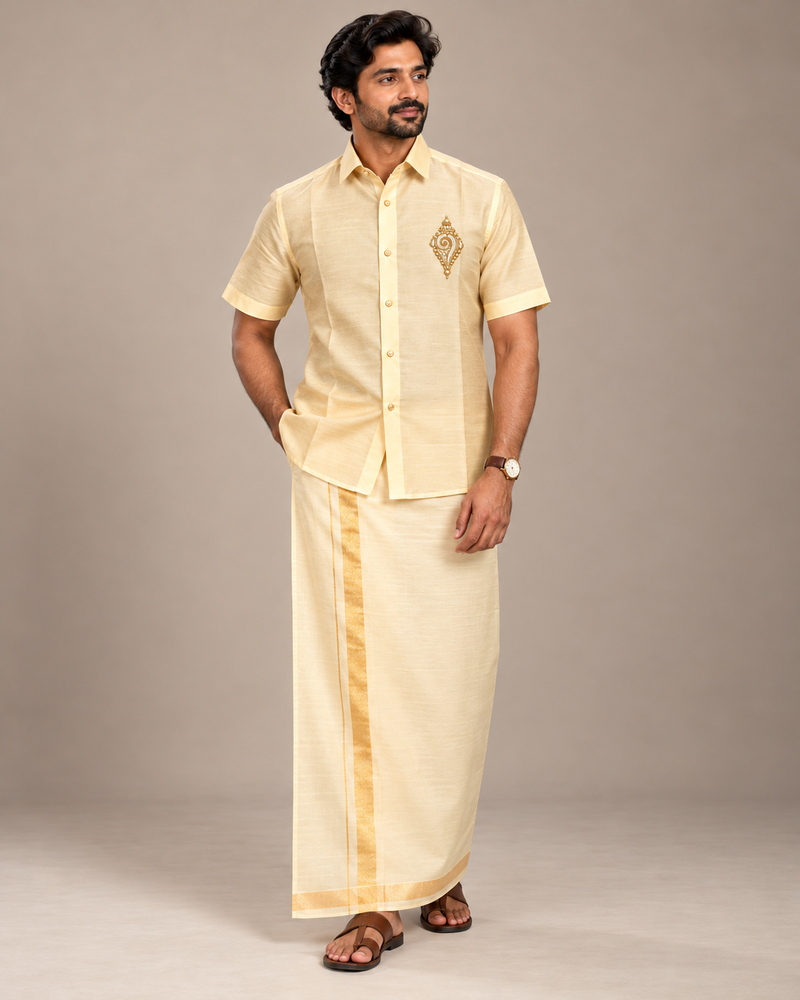 Men's Cream Gold Pattu Silk Shirt and Pancha Set (Shankha Elegance)
