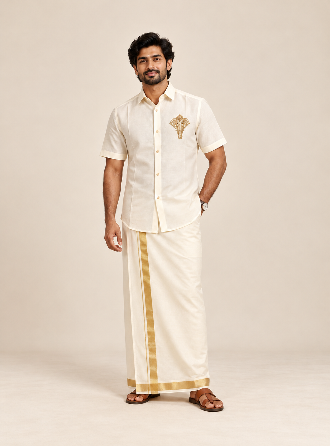 Ivory Gold Border ganesha  Pattu shirt (Royal Heritage)