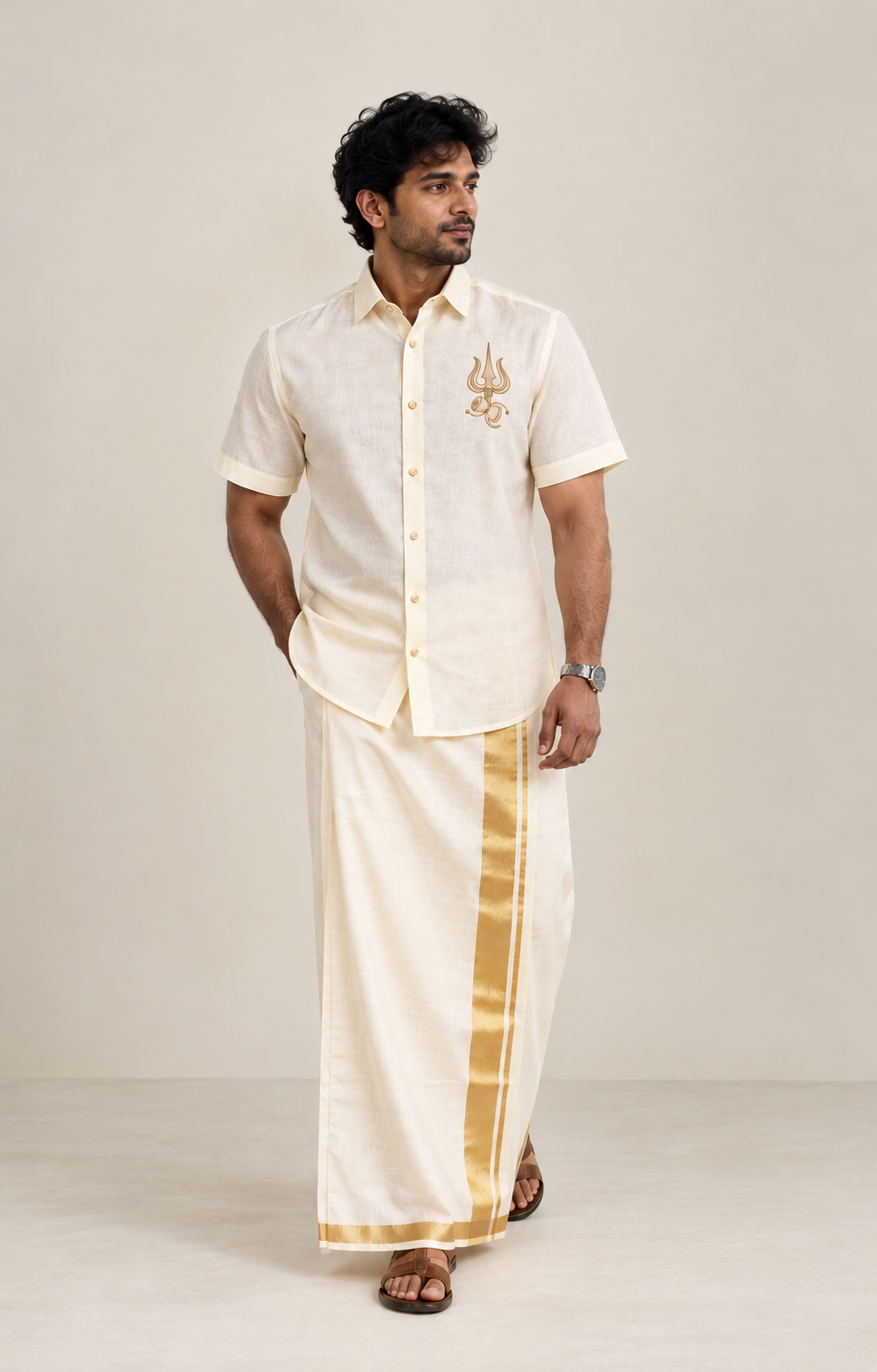 Ivory Trishul Motif Pattu shirt (Divine Legacy)