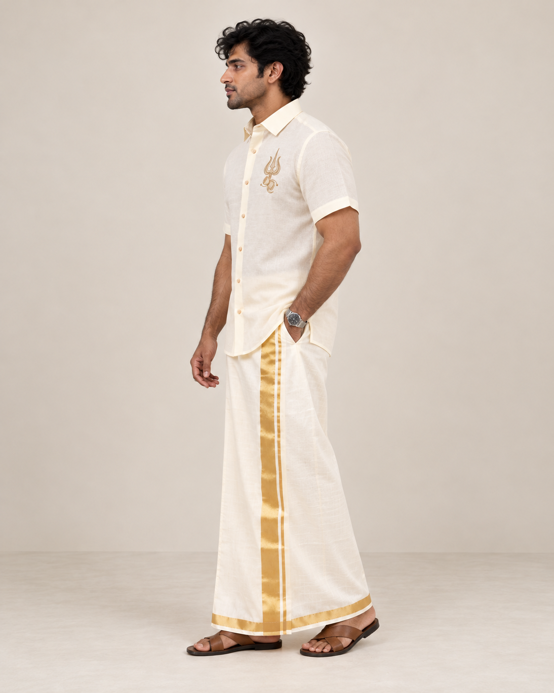Ivory Trishul Motif Pattu shirt (Divine Legacy)