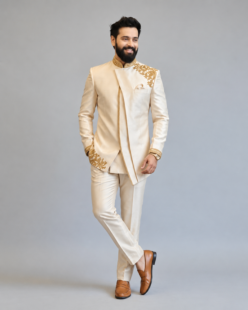 Ivory Indo Western Sherwani for Men – Minimal Embroidered Engagement & Reception Wear
