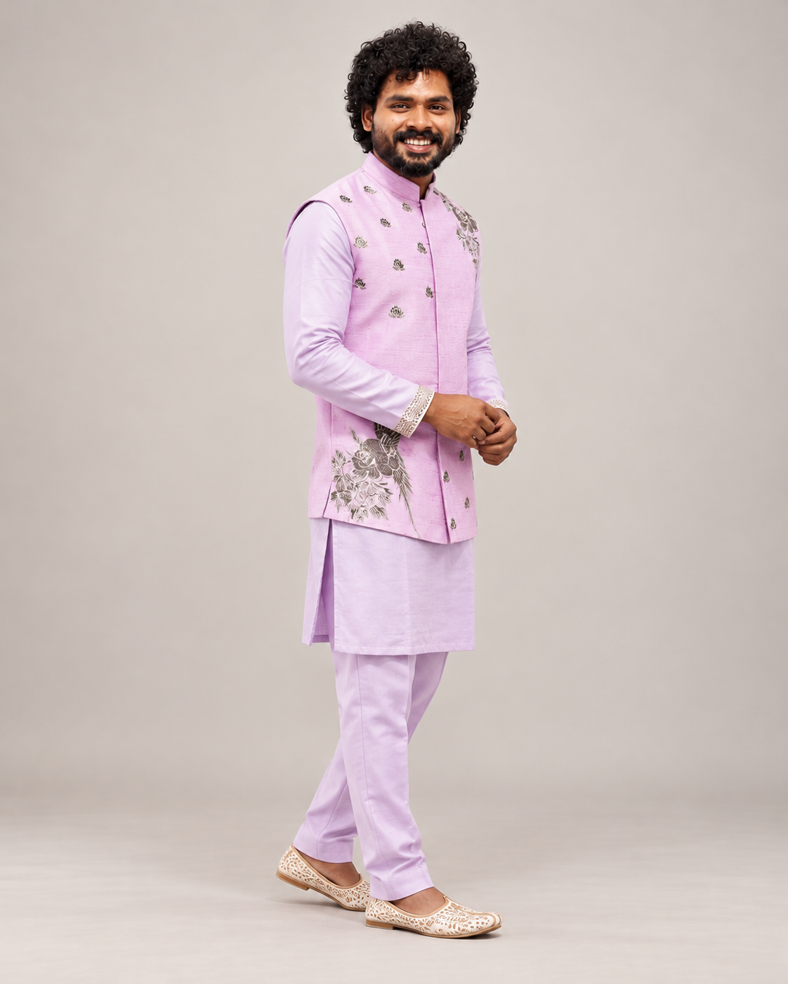Pastel Pink Zardozi Embroidered Nehru Jacket