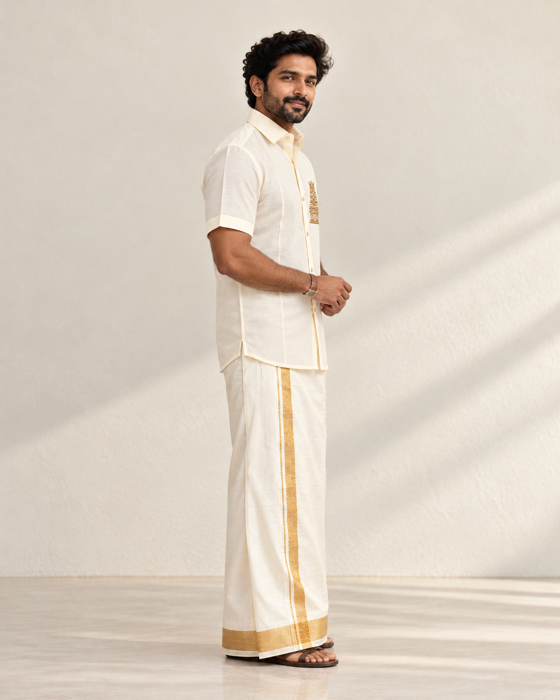 Ivory Gold Border ganesha  Pattu shirt (Royal Heritage)