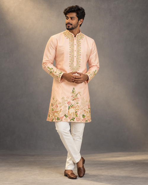 Pastel Peach Designer Kurta & Ponam Pant Set