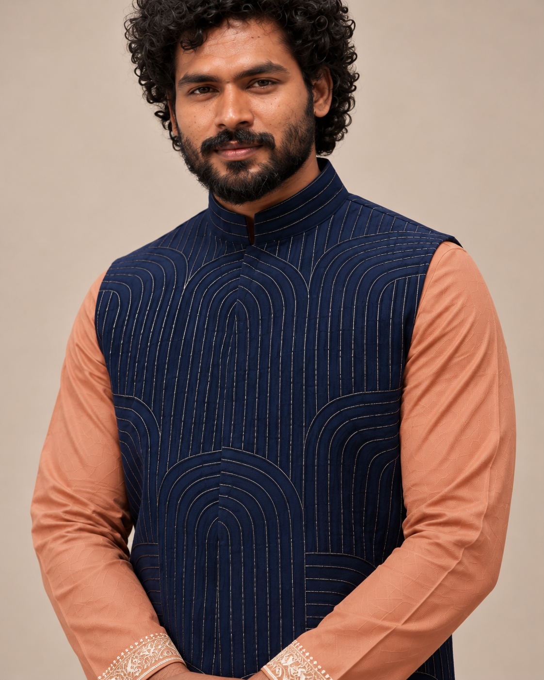 Navy Blue Patterned Nehru Jacket Set (Midnight Arc)